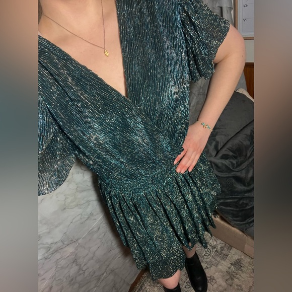 Metallic Shiny Blue Green Emerald Party Cocktail Dress M Date Night Wrap Shimmer - Picture 2 of 8